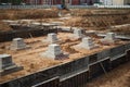 Reinforced concrete blocks are being carefully arranged and laid out on a bustling construction site Royalty Free Stock Photo