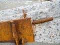 Reinforced concrete. Destroyed building material. Rusty iron. Reinforced concrete wall. Construction garbage. consequences of Royalty Free Stock Photo