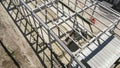 Reinforced Concrete Frame Of An Industrial Building. Camera Flight On A Construction Site. Beams With Steel Royalty Free Stock Photo