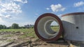 Reinforced concrete storm sewer pipes of large diameter stacked at a construction site. Sewer Large diameter pipes Royalty Free Stock Photo