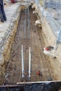 Reinforcement of a concrete basis. The location of the foundation of the new building, parts and fittings made of steel rods and