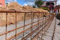 Reinforcement of concrete work. Using steel wire for securing bars with rod or cement. focus to stock photo Royalty Free Stock Photo