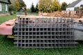 Reinforcement Mesh Is Stacked For Use In Reinforced Concrete Construction Work. Steel Material In The Form Of A Metal Mesh For