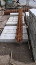 The reinforcing bars are rusted around the construction site. Royalty Free Stock Photo