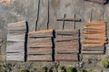 Reinforcing Steel Metal Rebar background. Aerial drone above view of rusty steel rod, Epirus Greece