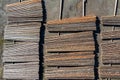 Reinforcing Steel Metal Rebar background. Aerial drone above view of rusty steel rod, Epirus Greece