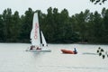 Catamaran sailing on the lake of reiningue