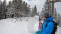 Reinischkogel - Couple on panoramic hiking trail on way to snow covered mountain peak Reinischkogel, Koralpe Royalty Free Stock Photo