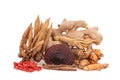 Reishi , lingzhi ,ginseng,galingale, ginger, turmeric isolated on white background with clipping path