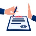 Reject to signature of a contract. Break of a contract. Vector illustration flat design