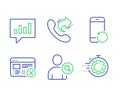 Reject web, Recovery phone and Share call icons set. Find user, Analytical chat and Seo timer signs. Vector