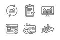Reject web, Update data and Approved checklist icons set. Heart, Statistics and Growth chart signs. Vector