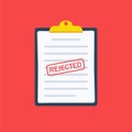 Rejected application. Clipboard application with document, red rejected stamp and pen. Modern flat design graphic Royalty Free Stock Photo