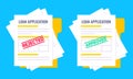 Rejected and approved credit or loan forms set with claim form on it, paper sheets isolated on blue background Royalty Free Stock Photo