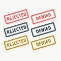 Rejected and denied rubber stamps set in different colors