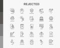 Rejected thin line icons set: sync, idea, agreement, calendar date, employee, audit, document not certified, profile, order