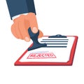 Rejection stamp in hand businessman. Red approved stamp. Royalty Free Stock Photo