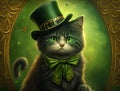 A smiling cat in green shamrock costume sits on yellow background, St. patrick\'s day theme generative AI