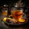 Rejuvenating glass cup of ginger lemon honey tea on wooden table for a soothing delight Royalty Free Stock Photo