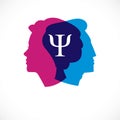 Relationship psychology concept created with man and woman heads profiles, vector logo or symbol of gender problems and conflicts