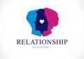 Relationship psychology concept created with man and woman heads profiles, vector logo or symbol of gender problems and conflicts