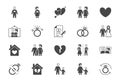 Relationship status glyph flat icons. Vector illustration include icon - husband, bachelor, wife, marriage, rings
