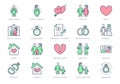 Relationship status line icons. Vector illustration include icon - husband, , wife, marriage, rings, divorce, wedding