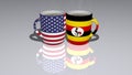 United States Of America And Uganda placed on a cup of hot coffee in a 3D illustration mirrored on the floor with a realistic