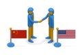 The relationship between the United States and China. Two businessmen shaking hands. American and Chinese flags