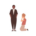 Relationships crisis flat vector illustration. Young woman kneeling near man cartoon characters. Angry husband arguing