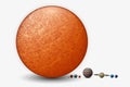 The relative size of eight planets and the sun 3d illustration.