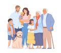 Relatives of big family. Families of teens and seniors people, grandfather grandma mother with baby, grandparents Royalty Free Stock Photo