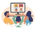 Relatives communicating online via group video call chat, vector illustration. Virtual family meeting. Video conference. Royalty Free Stock Photo