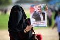 Relatives of Ramadan Shallah, the former leader of the Palestinian Islamic Jihad PIJ movement, mourn as they attend a memorial s