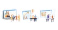 Relatives in self-isolation, quarantine spare time, covid pandemic icons set. Online family party, online tutorials Royalty Free Stock Photo