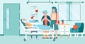 Relatives visit elderly patient in hospital ward flat vector illustration.