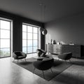 Relax area, modern design room interior, 4 armchairs. grey walls. Concept of minimalist design. Chill area in villa, home or hotel Royalty Free Stock Photo