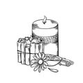 Relax aroma candles. Black sketch with shading. Wax candles with cinnamon stick, calendula flower and orange slice. Vector spa, Royalty Free Stock Photo