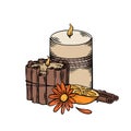 Relax aroma candles. Colorful sketch with shading. Wax candles with cinnamon stick, calendula flower and orange slice. Vector spa Royalty Free Stock Photo