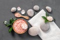 Relax background - spa stones with roses and sea salt, top view Royalty Free Stock Photo