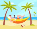 Relax in beach hammock. Leisurely man lying under palm at sea ocean island, summer vacation thailand recreation bali Royalty Free Stock Photo