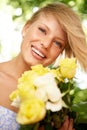 Relax, bouquet and portrait of happy woman in garden for holiday fun in spring with flowers in nature. Smile, freedom