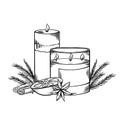Relax Candles. Black And White Sketch With Shading. Wax Candles With Juniper Twigs, Cinnamon And Orange Slice. Vector Spa