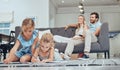 Relax, children drawing and parents on sofa in the living room bonding, homeschool and kids learning. Education, family Royalty Free Stock Photo