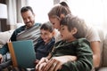 Relax, children and parents reading a book for bonding, fun and quality time. Knowledge, information and boys excited Royalty Free Stock Photo