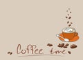 Relax coffee time banner ads, illustration brown cup in top view, engraving style background, lettering, Coffee beans Royalty Free Stock Photo
