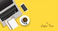 Relax coffee time banner flat design illustration working space on yellow background Royalty Free Stock Photo