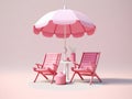 umbrella retro chair sun pink parasol summer sand holiday vacation. Generative AI.