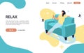 Relax concept with female in couch drinking a water. Landing modern page template vector illustration - Vector