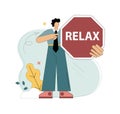 Relax concept. The man holds a relax sign in his hands. An offer to rest, take a break